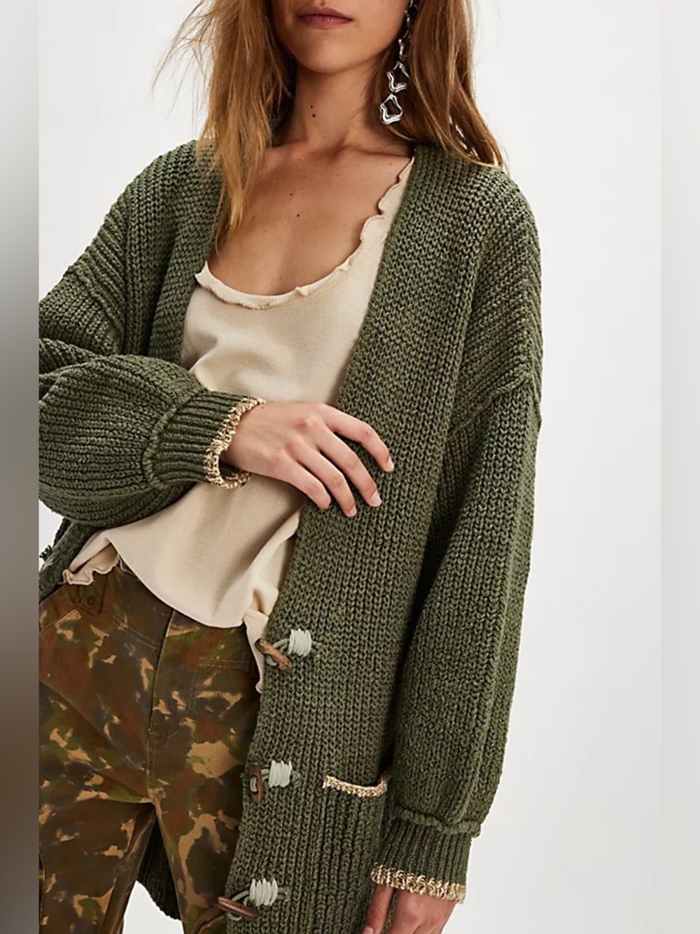 Free People Olive Green Chunky Open-Front Cardigan